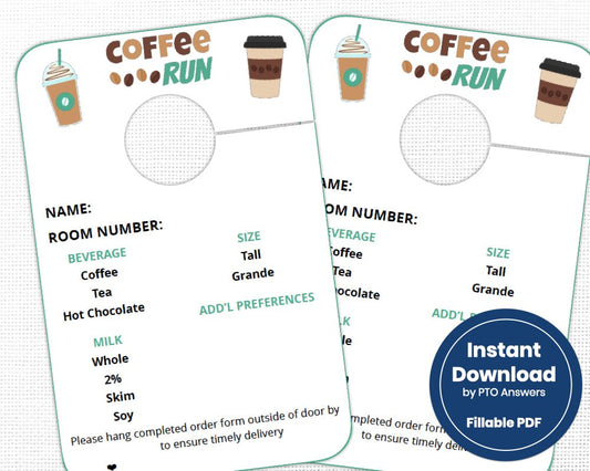 coffee run room service order form door hanger with green and brown color scheme
