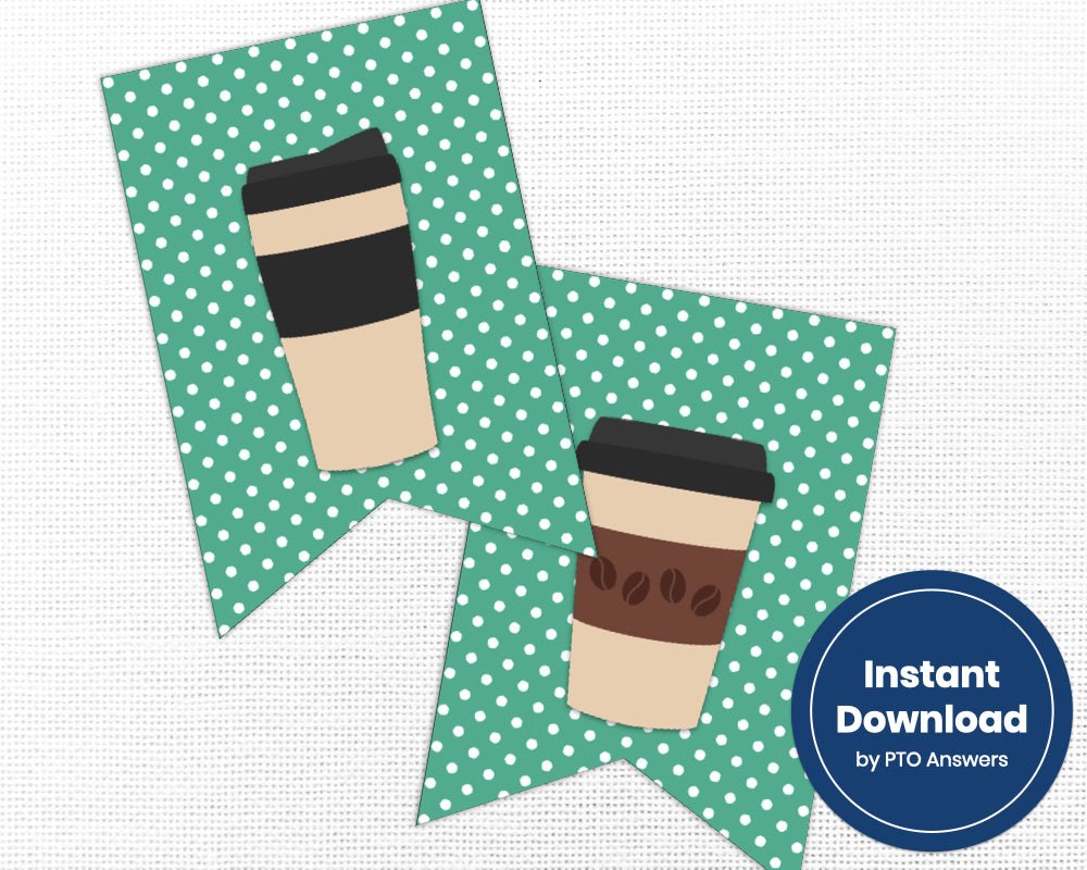 printable coffee banner for school staff appreciation events green and white polka dotted background with coffee icons