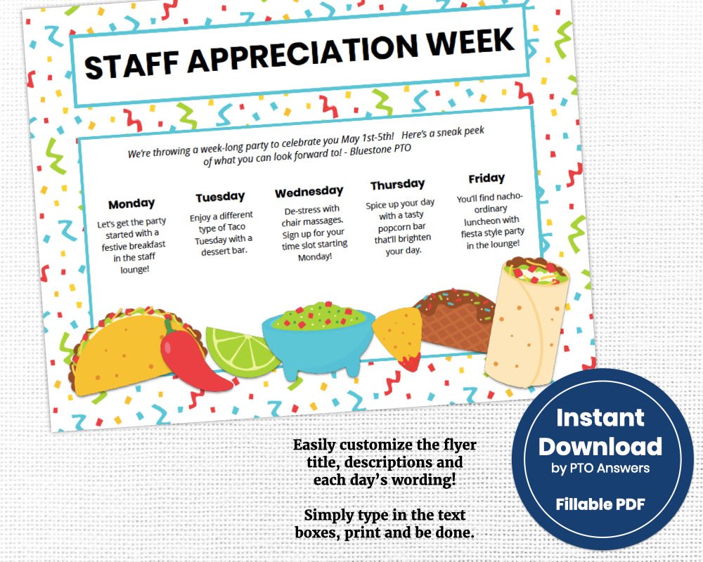 taco themed fiesta teacher appreciation week flyer with taco icons and confetti background