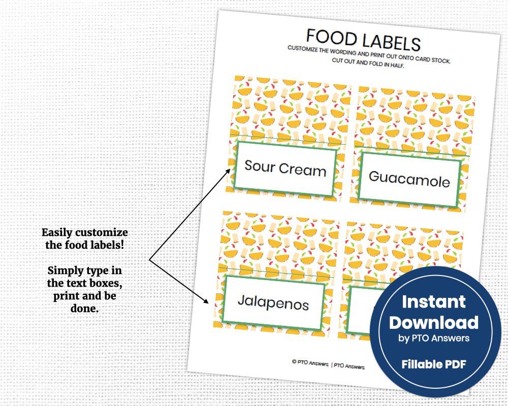 taco themed fiesta food tent labels with striped, chevron and taco icon backgrounds