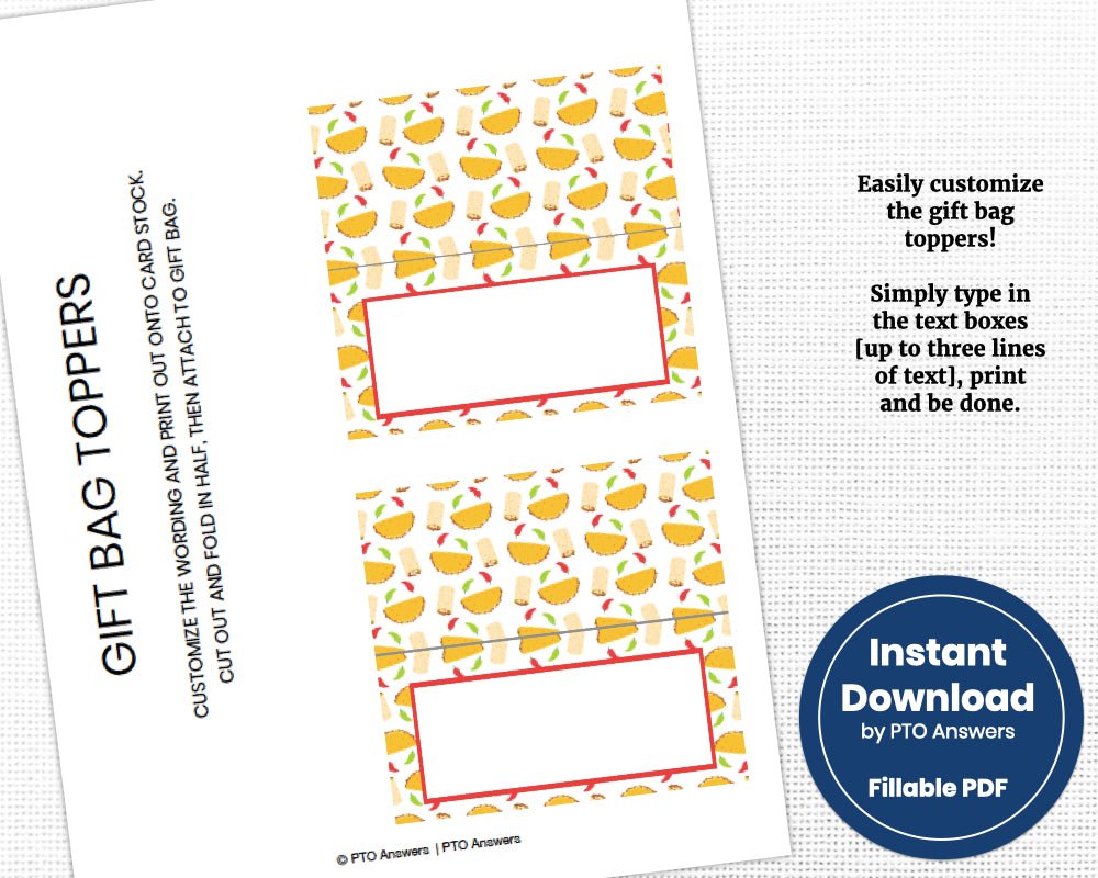 taco themed fiesta gift bag topper labels with striped, chevron and taco icon backgrounds