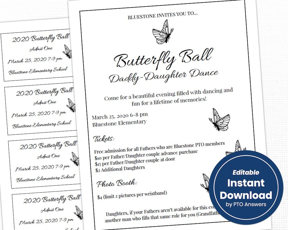 butterfly ball daddy daughter dance flier template and ticket form