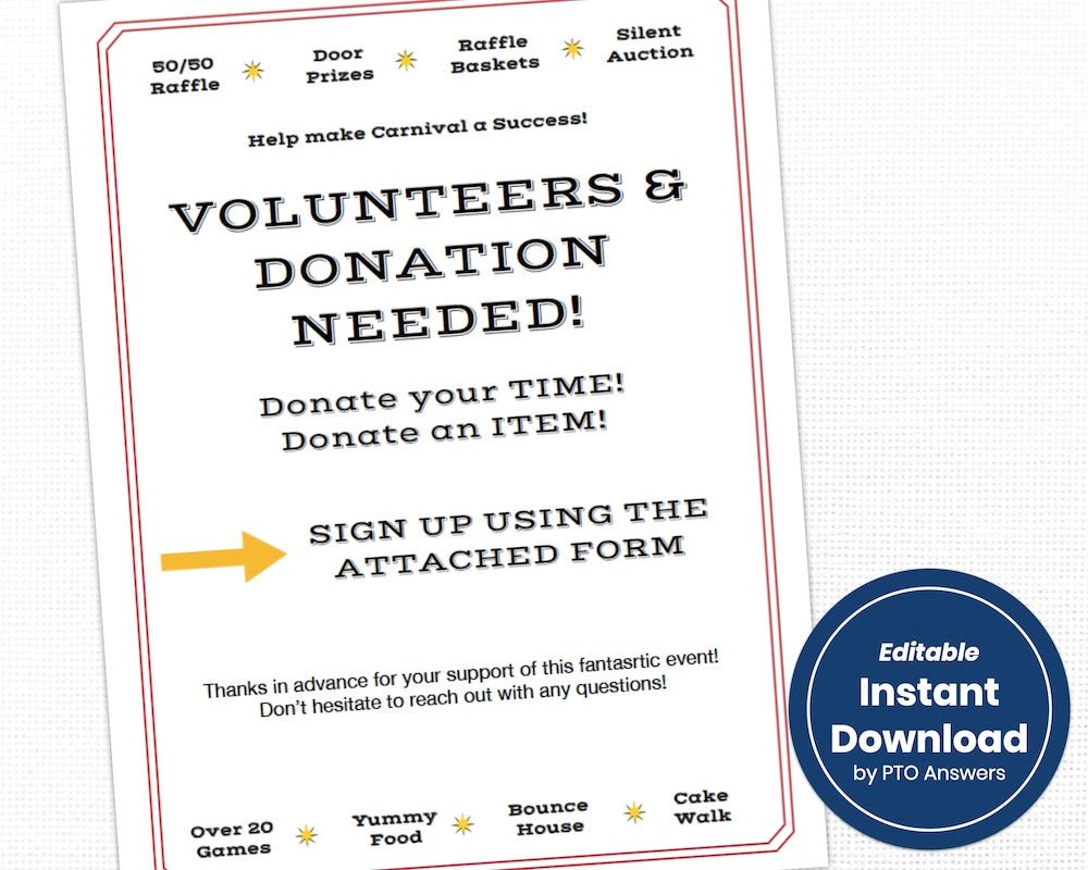 customizable printable school carnival flyer template set with volunteer form and donation request forms