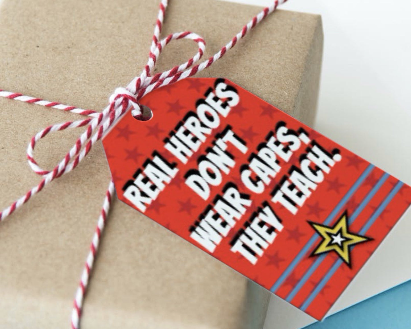 printable teacher super hero gift tags for teacher appreciation week with red star background and yellow and blue color scheme