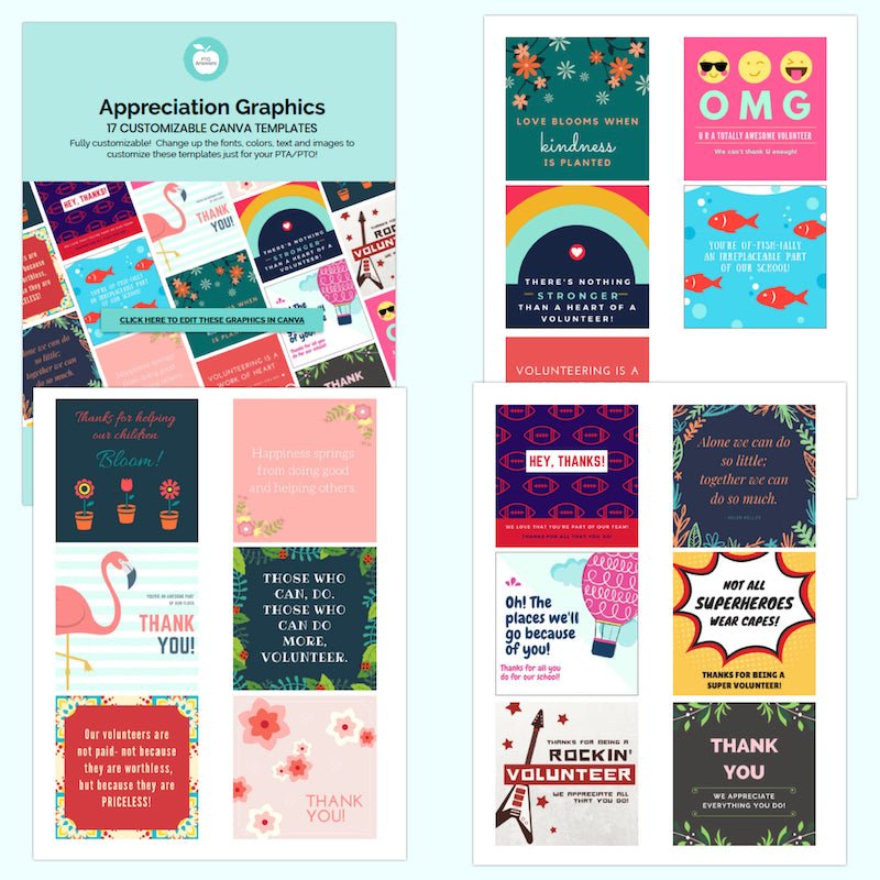 'quick appreciation kit 100% customizable in Canva by pto answers' for teacher and volunteer appreciation - colorful graphic squares on document pages with various icons and illustrations atop pink shape with laptop displaying resource name in lower right hand corner