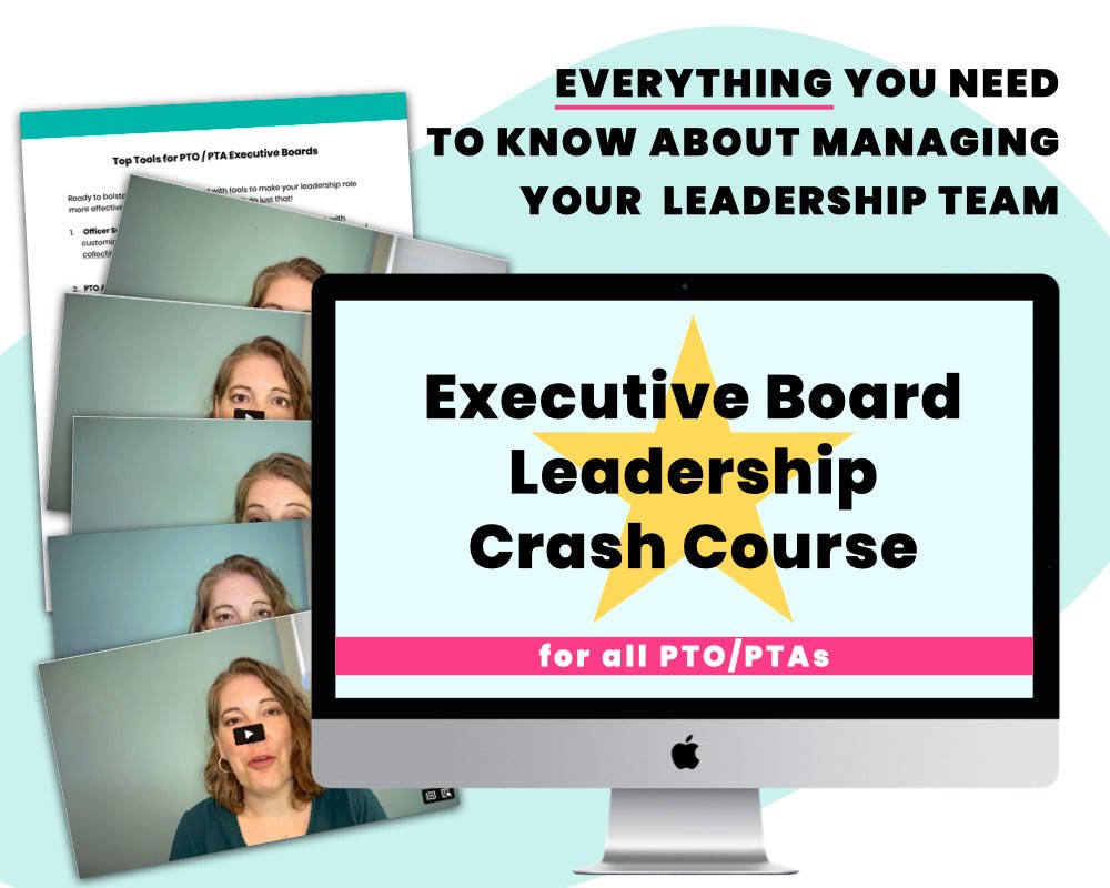 'Executive Board Leadership Crash Course' on computer screen with screenshots of videos and image of tool sheet in background