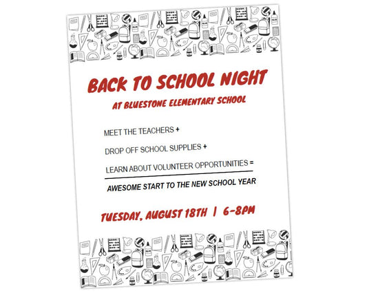 black and white school icon boxers at top and bottom. with reg and black text on white background for meet the teacher back to school night flyer invitation to boost family engagement and parent involvement by pto answers