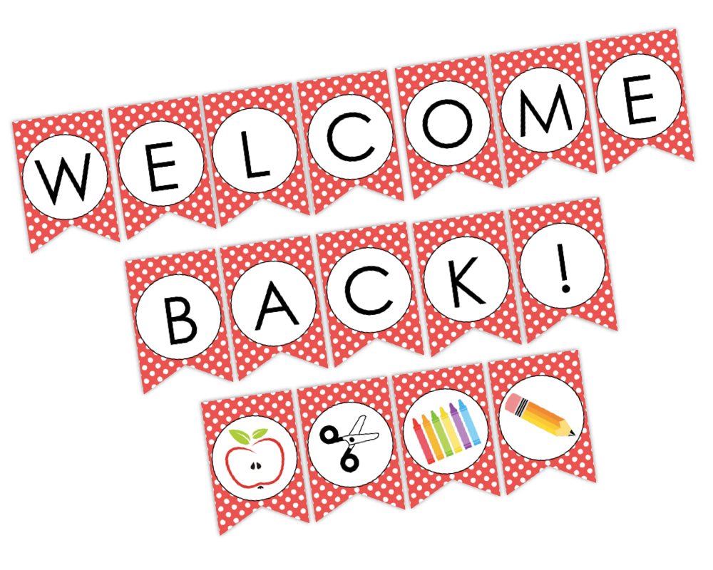 printable red and white welcome back to school banner sign with polka dot theme for school for pta pto membership table, teacher and staff appreciation week and back to school by pto answers