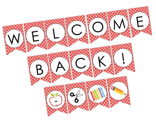 printable red and white welcome back to school banner sign with polka dot theme for school for pta pto membership table, teacher and staff appreciation week and back to school by pto answers