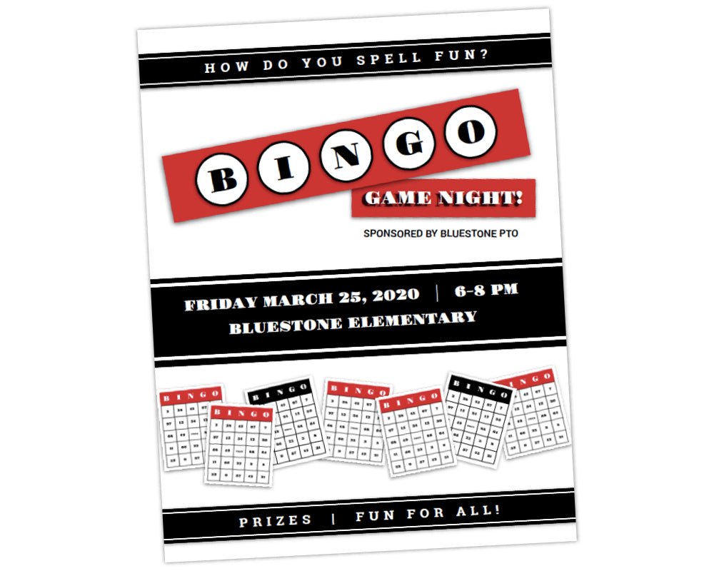 red, black and white bingo cards and bingo headline bingo night family fun event by pto answers