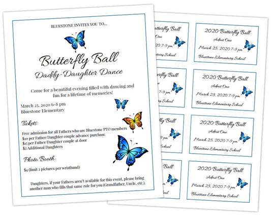 blue and orange butterfly icons on black and white flyer template school dance invitation flyer and ticket template kit to boost family fun event attendance and participation by pto answers