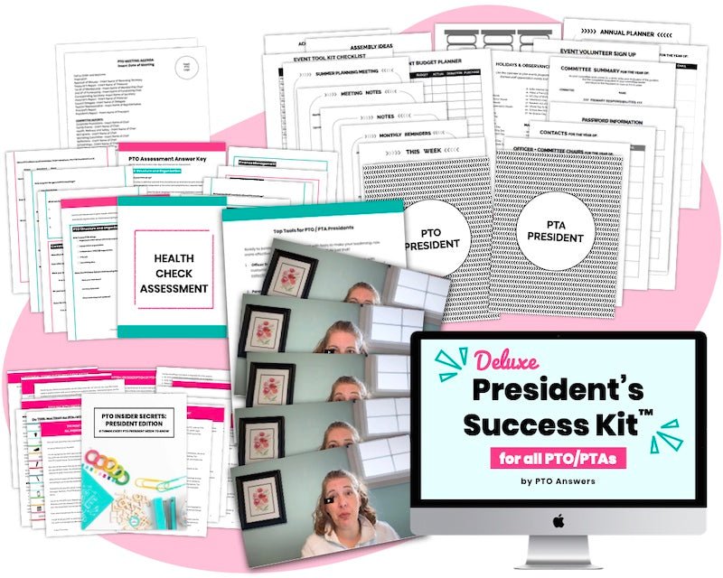 black and white planner pages , templates and colorful ebook and pages atop pink shape with computer screen displaying product name in lower right hand corner