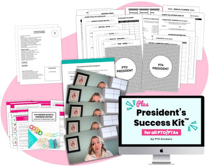 black and white planner pages , templates and colorful ebook and pages atop pink shape with computer screen displaying product name in lower right hand corner