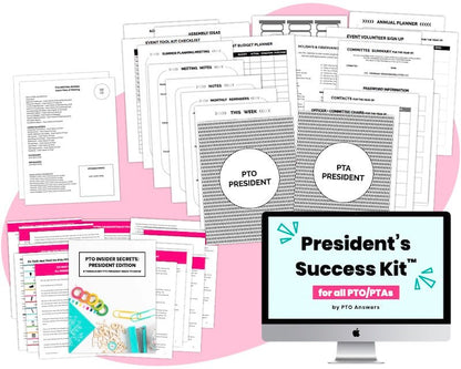 black and white planner pages , templates and colorful ebook and pages atop pink shape with computer screen displaying product name in lower right hand corner