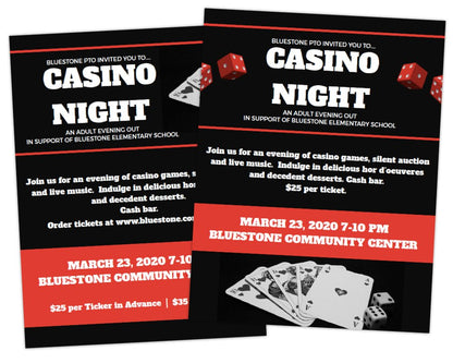 red, black and white themed flyer with red dice and black and white jammed out playing cards for Schoo fundraiser by pto answers