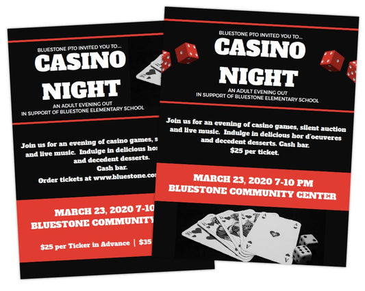 red, black and white themed flyer with red dice and black and white jammed out playing cards for Schoo fundraiser by pto answers