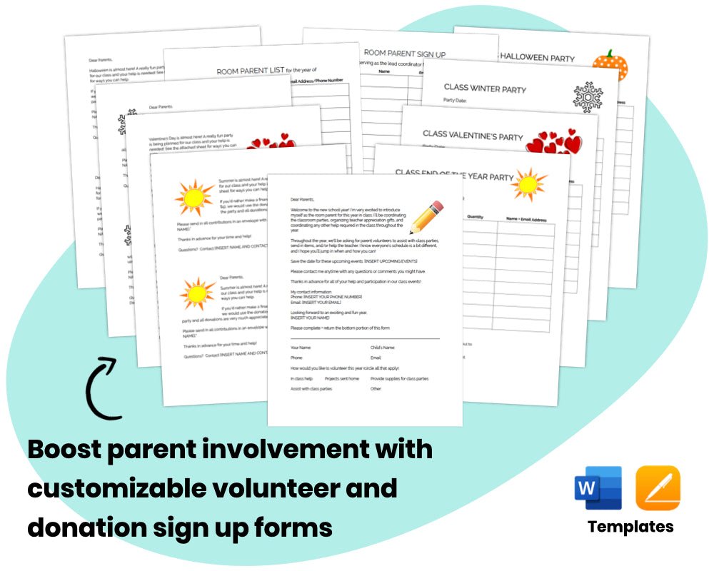 'boost parent involvement with customizable volunteer and donation sign up forms' class party planning forms - colorful documents blue shape  by pto answers