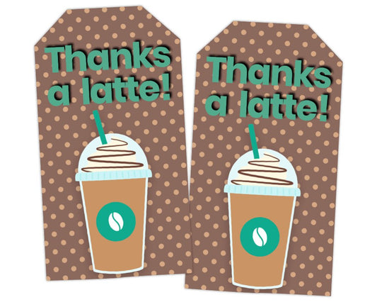 printable thanks a latte coffee themed appreciation gift tags with frozen drink icon with polka dotted brown on brown background for volunteer appreciation and teacher appreciation week coffee theme