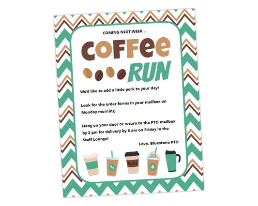 coffee run teacher appreciation week flyer with brown and green chevron background and coffee drink icons for coffee themed staff appreciation coffee bar event