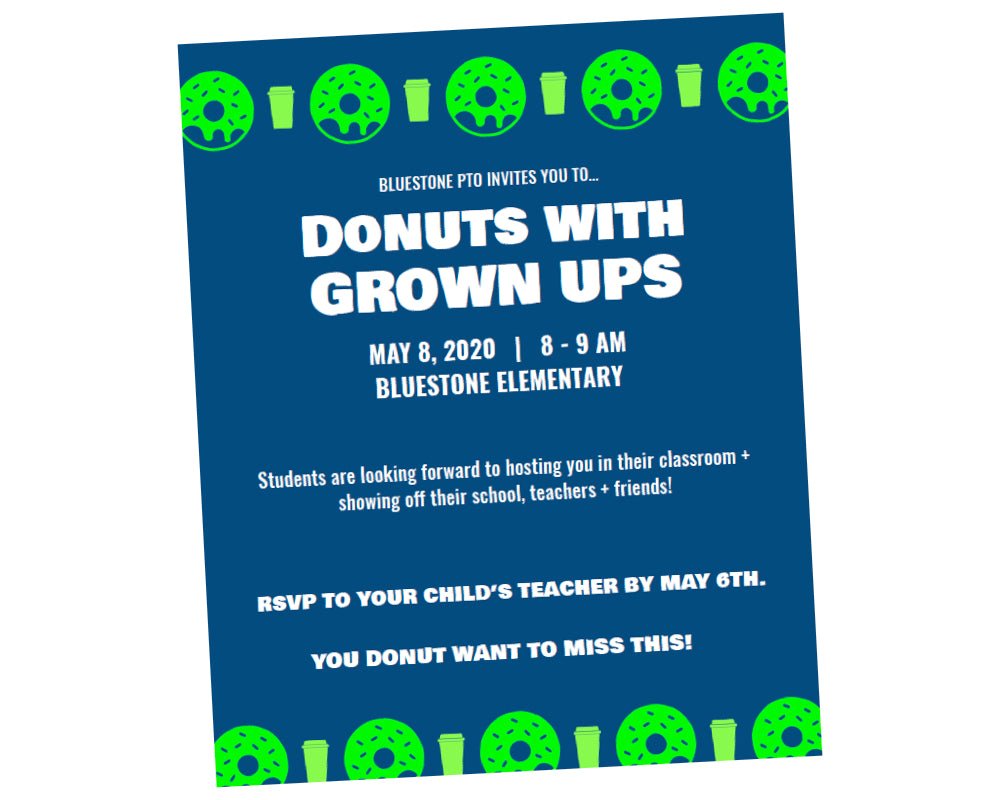 neon green donut and coffee icons on blue flyer with white text 'donuts with grown ups' flyer template to boost parent involvement and family engagement invitation template