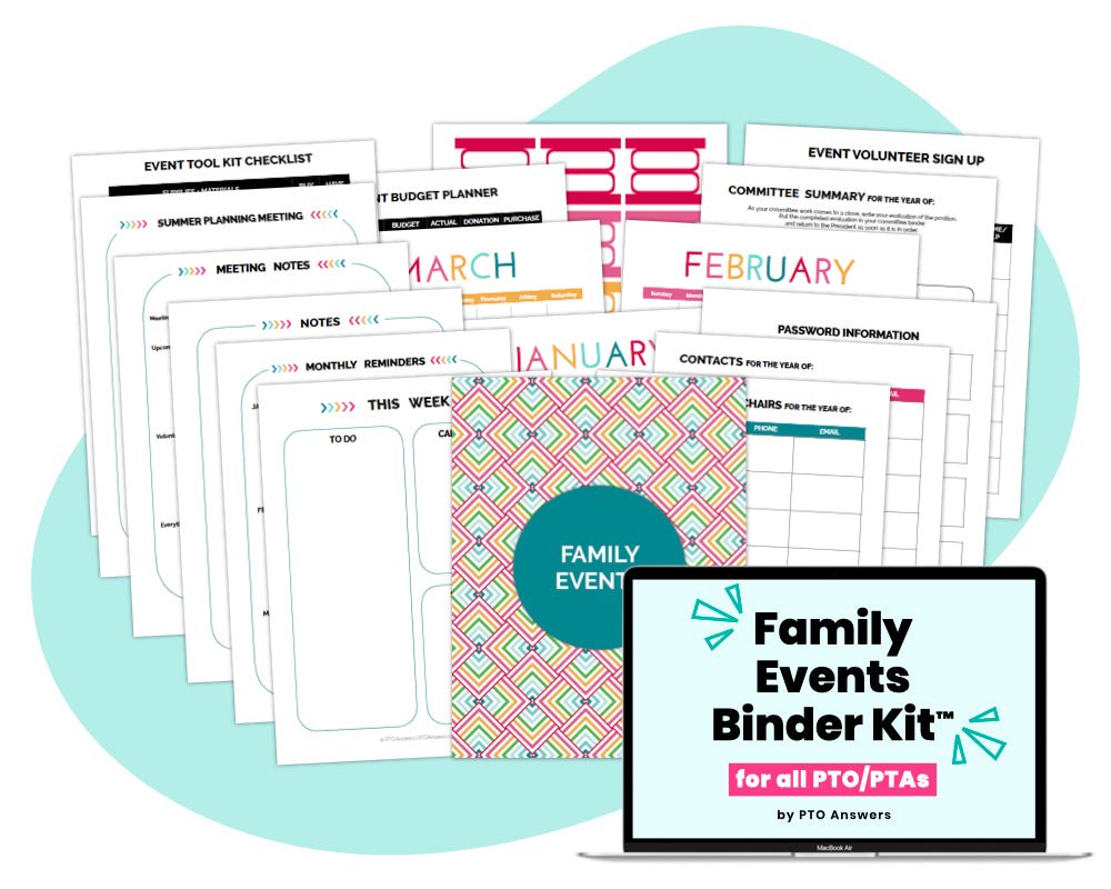 family events vice president planner and organization kit for all pto ptsa by pto answers - colorful documents and laptop with screen displaying resource name all atop blue blog shape
