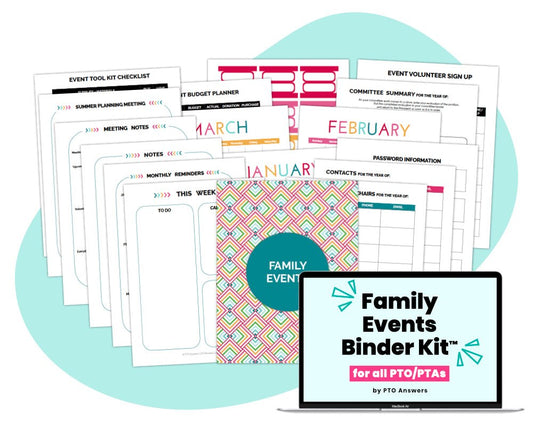 family events vice president planner and organization kit for all pto ptsa by pto answers - colorful documents and laptop with screen displaying resource name all atop blue blog shape