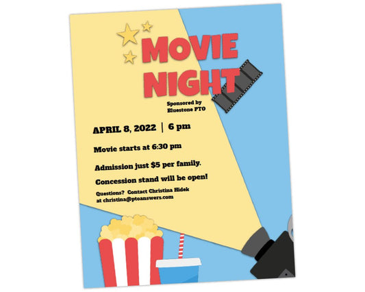 colorful flyer template with movie projector, film strip, drink , stars, and popcorn icons for pta pto school family fun movie night flyer invitation publicity tool by pto answers