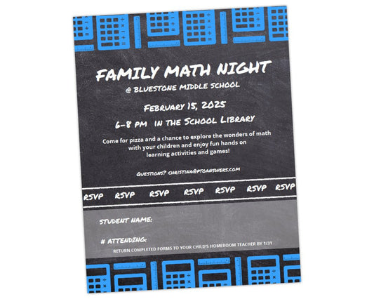 chalkboard background with blue ruler and calculator icon border at top and bottom flyer template for pta pto sponsored family fun math night