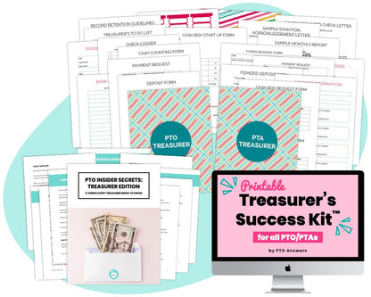 'printable treasurer's success kit for all pto/ptas by pto answers'- printable planner and binder kit with forms and templates- colorful documents and book cover with iMac displaying resource name atop blue blob shape with iMac displaying resource name