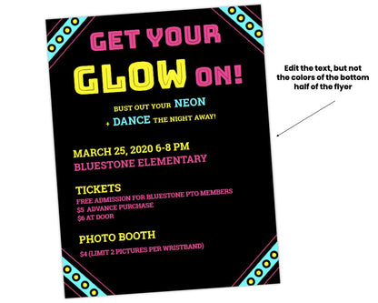 neon blue, pink and yellow color scheme flyer with circles and striped decorations in corners flyer template for neon glow in the dark school dance for students by pto answers