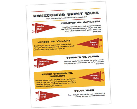 black, white, red and gold themed flyer with red pennant flag icons on homecoming flyer template to boost involvement and excitement during spirit week at school