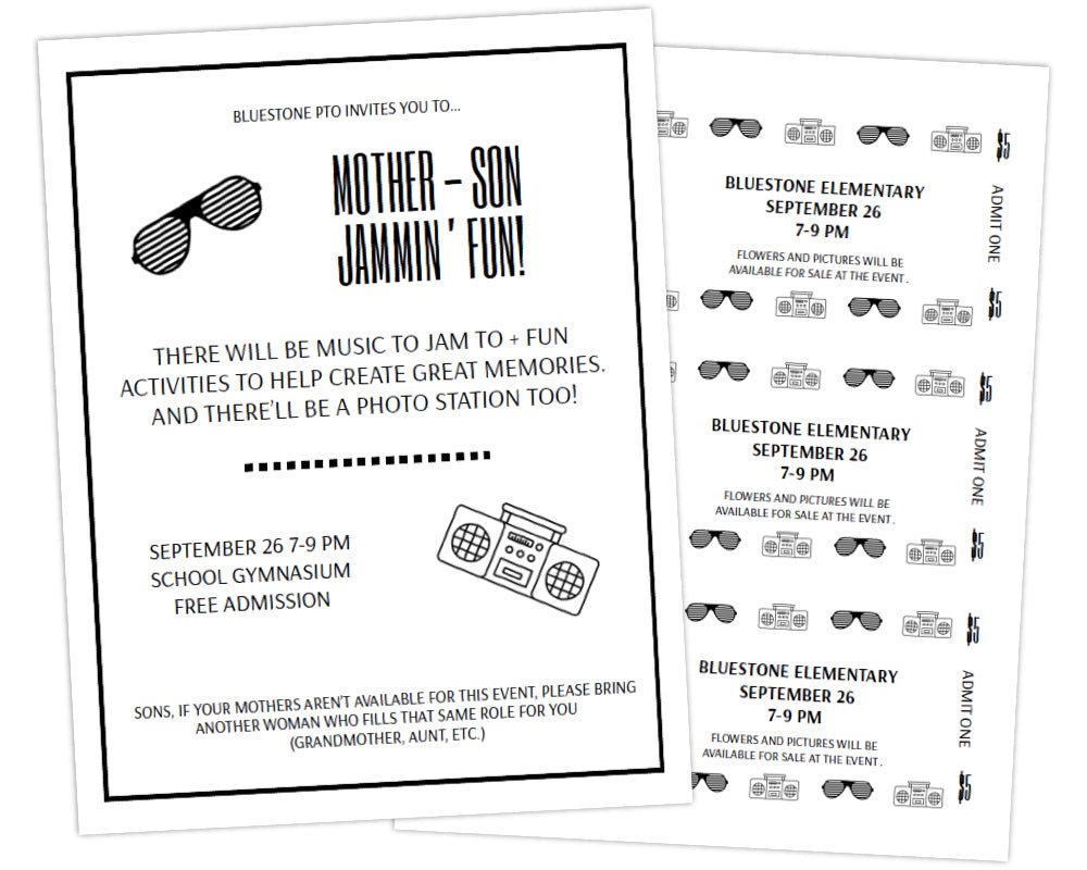 black and white flyer template with sunglasses and boom box icons to promote family fun event sponsored by pta pto at school by pto answers