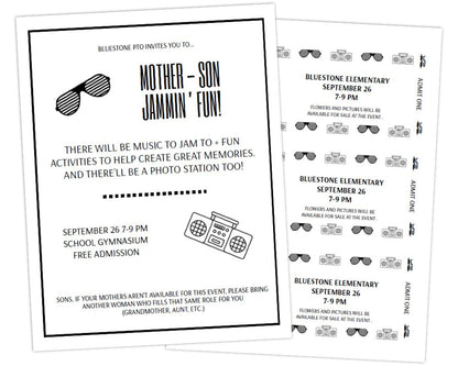 black and white flyer template with sunglasses and boom box icons to promote family fun event sponsored by pta pto at school by pto answers