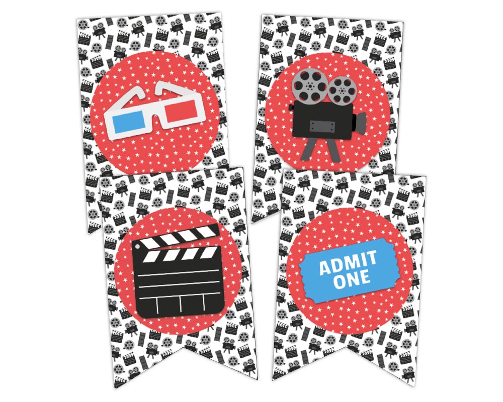 printable movie and film banner sign for movie themes staff appreciation and teacher appreciation week event and luncheon with black and white movie icon background and red pattern accent
