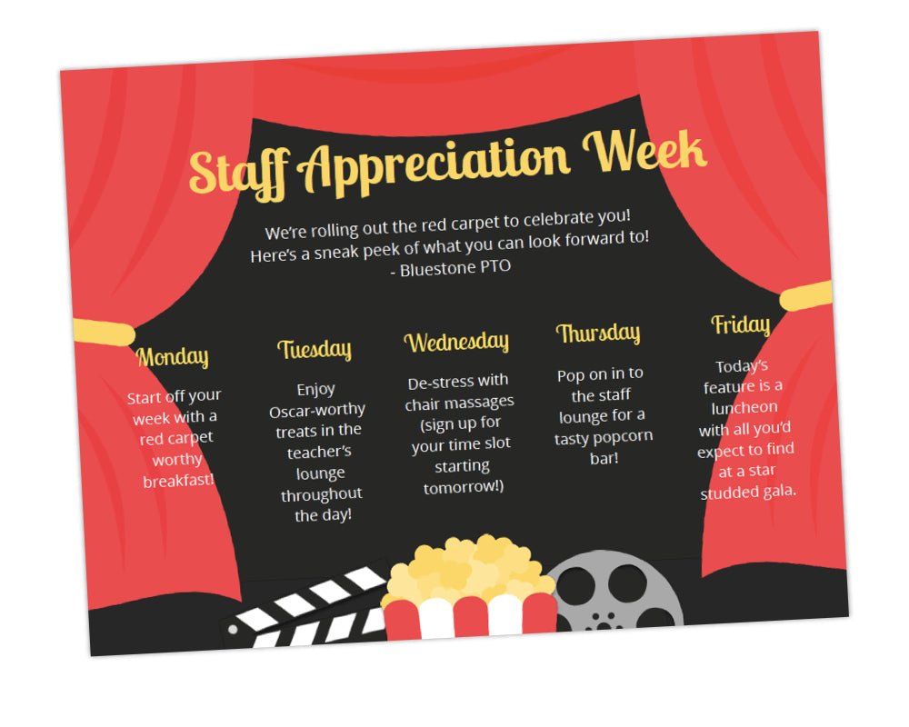 'staff appreciation week' flyer and schedule of events for teacher appreciation week customizable staff appreciation teacher appreciation move themed schedule of events flyer template with red curtain stage and movie icons