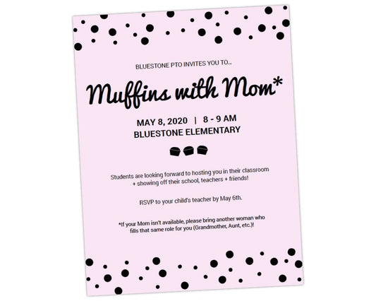 gender inclusive muffins with moms muffin morning editable and customizable flier template with pink background to boost family engagement by pto answers