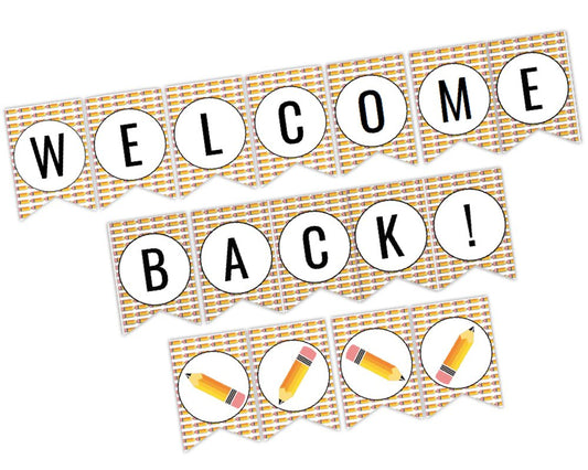 printable pencil themed welcome back to school banner for decoration or teacher and staff appreciation week and back to school year by pto answers