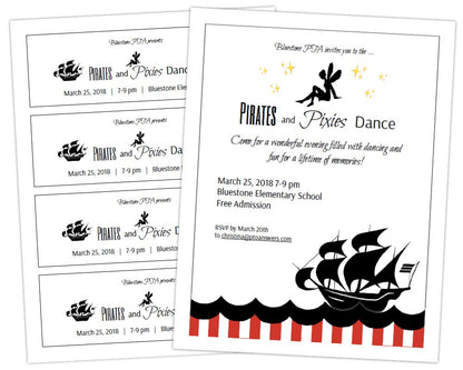 customizable school dance with pirates and pixies flier theme for pto family fun event with dance ticket template black pirate ship and wave silhouette by pto answers