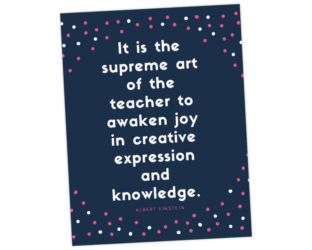 Albert Einstein printable quote wall art for teacher appreciation with navy background and pink and white confetti background for teacher appreciation week by pto answers