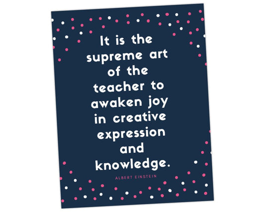 Albert Einstein printable quote wall art for teacher appreciation with navy background and pink and white confetti background for teacher appreciation week by pto answers