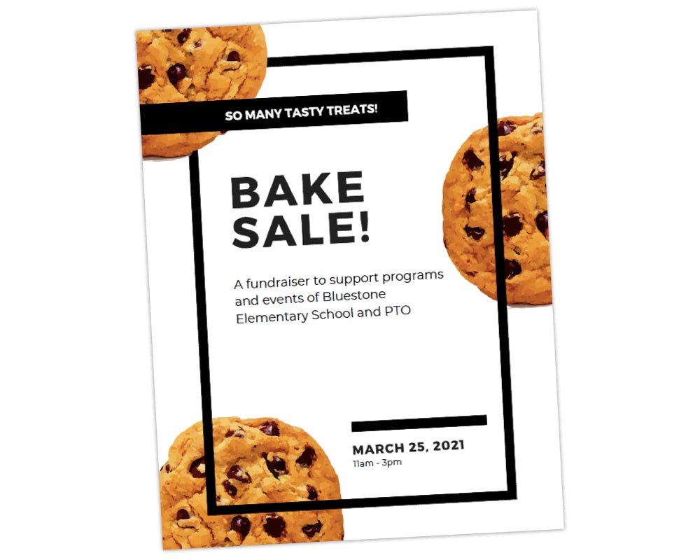 large chocolate chop cookies with black box centered on page pto school bake sale fundraiser flyer template to promote fundraising by pto answers