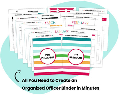 'all you need to create an organized officer binder in minutes' rainbow stripe printable planner and form template kit by pto answers - colorful documents atop blue shape