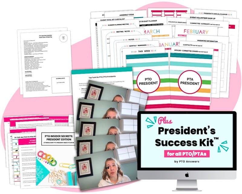 colorful planner pages , templates and colorful ebook and pages atop pink shape with computer screen displaying product name in lower right hand corner