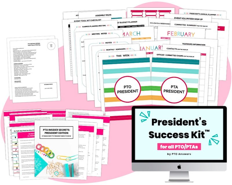colorful planner pages , templates and colorful ebook and pages atop pink shape with computer screen displaying product name in lower right hand corner