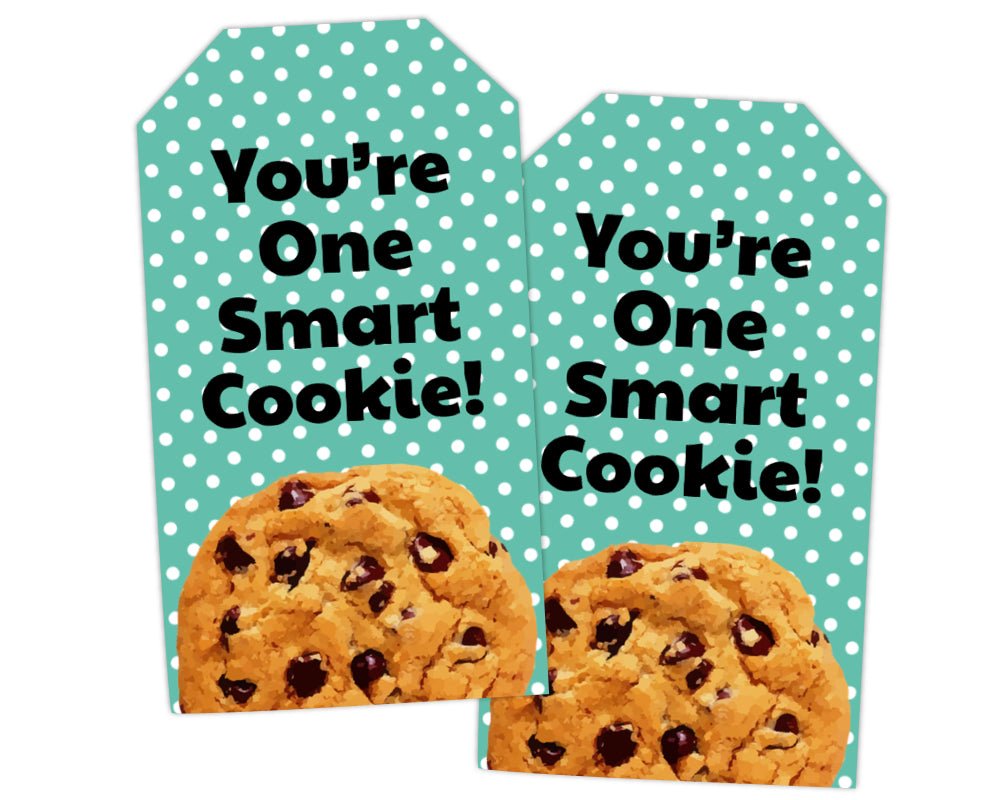 'you're one smart cookie' printable gift tag - chocolate chip cookie with teal polka dotted background