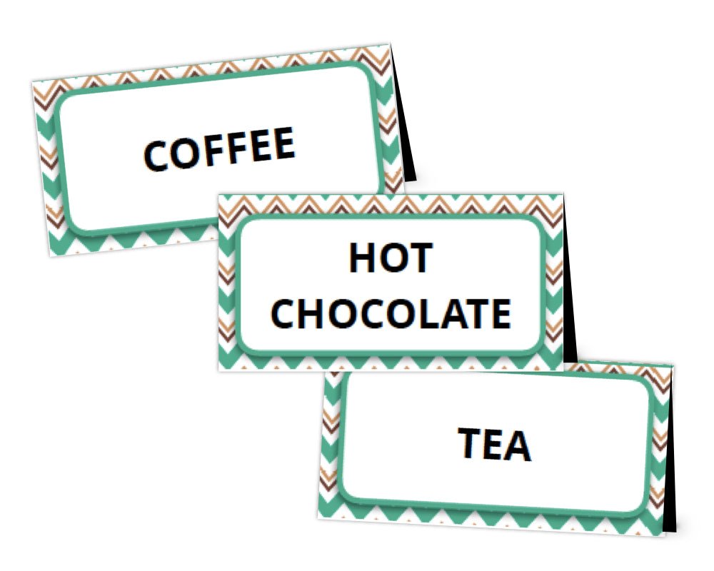 customizable printable coffee bar food tent labels with brown and green chevron background for coffee themed teacher appreciation event coffee bar