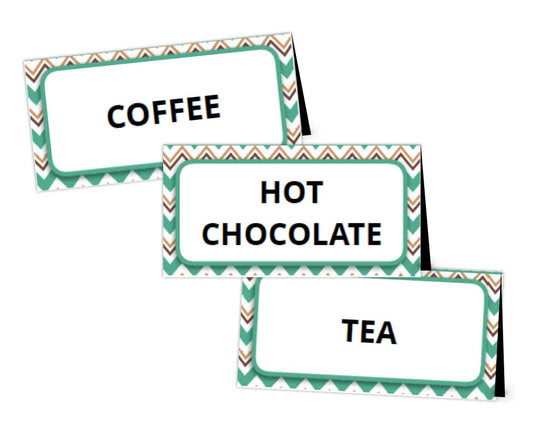customizable printable coffee bar food tent labels with brown and green chevron background for coffee themed teacher appreciation event coffee bar