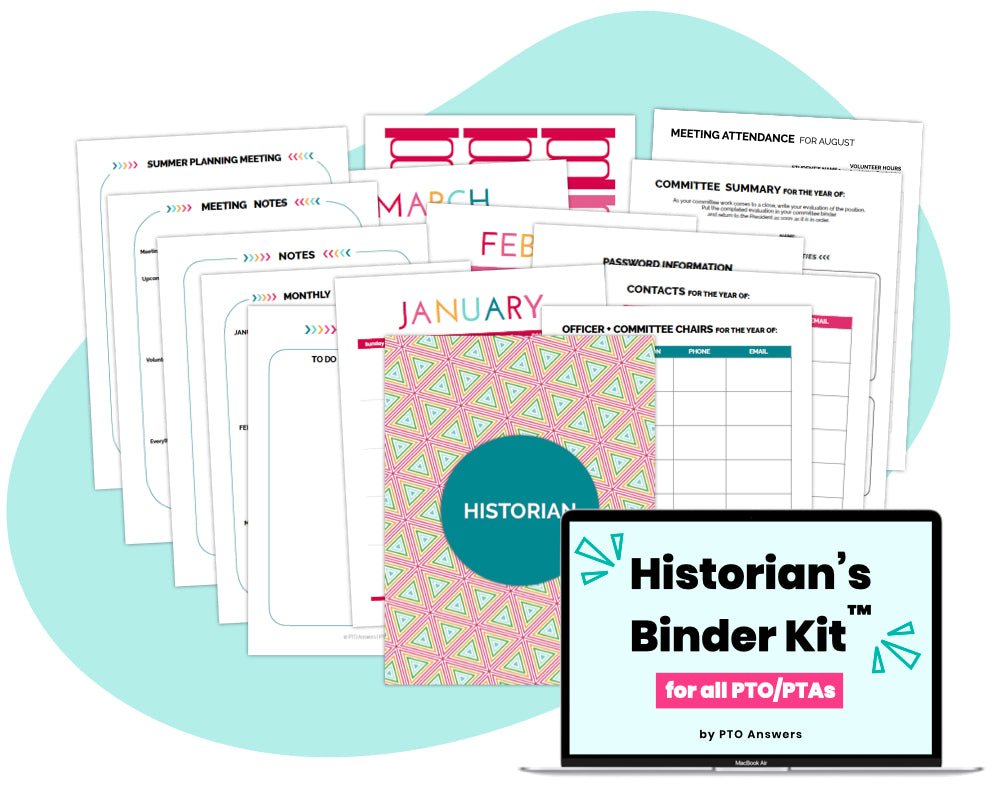 'Historian Binder Kit for all PTO/PTAs by PTO Answers' printable binder kit for school parent group volunteer organization with colorful documents and computer screen displaying resource name atop blue shape