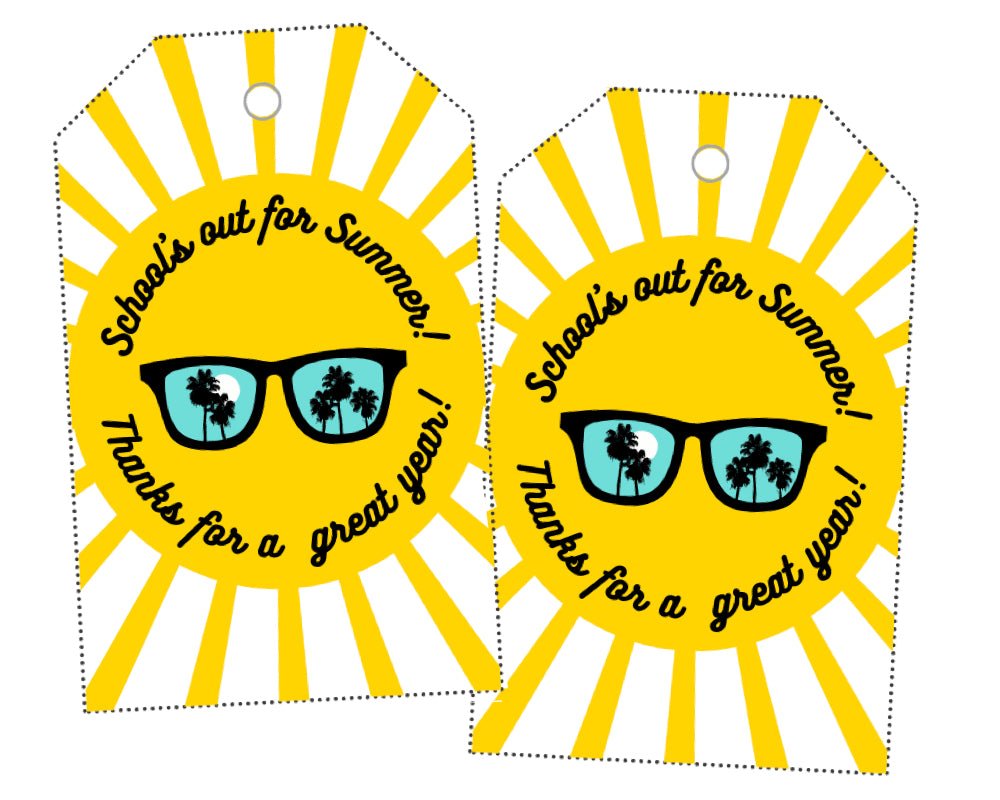printable end of school year gift tag for teachers, school volunteers and pta/pto volunteers 'School's out for summer! Thanks for a great year' yellow sun wearing sunglasses reflecting palm trees with circle text on inside of sun