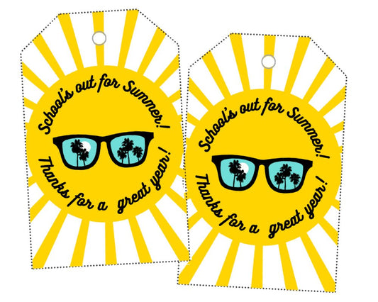 printable end of school year gift tag for teachers, school volunteers and pta/pto volunteers 'School's out for summer! Thanks for a great year' yellow sun wearing sunglasses reflecting palm trees with circle text on inside of sun
